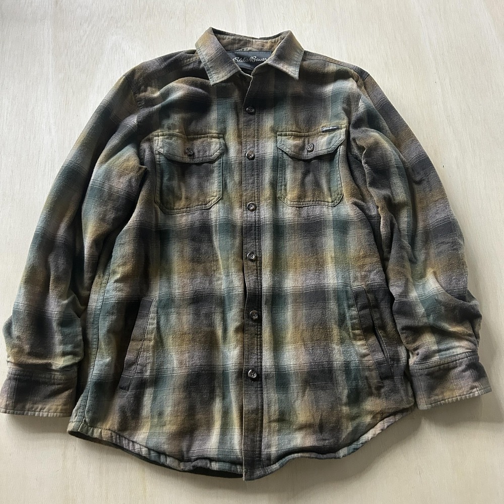 Eddie Bauer Shirt Jacket Mens Medium Green Plaid Fleece Lined Flannel Outdoor